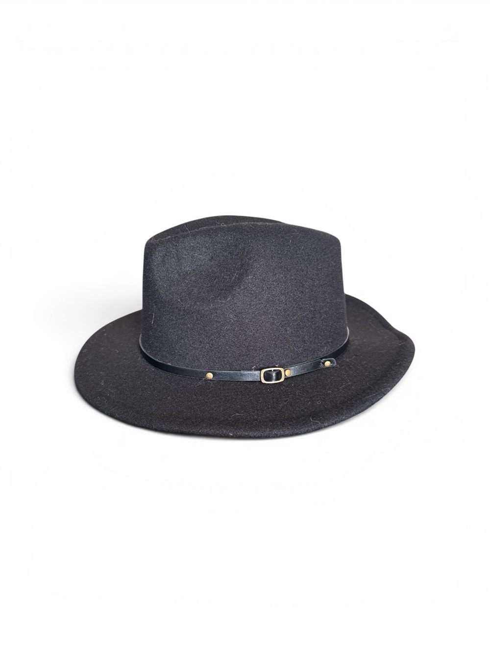 Black Wool Blend Wide Brim Fedora Rancher Hat Faux Leather Band